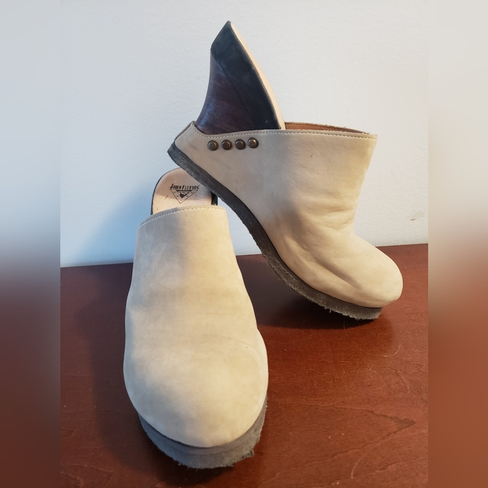 John Fluevog Cream and Brown Mules - Hi Wedge Dusk